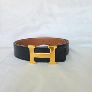 Auth VINTAGE Hermès Reversible H Belt | Black & Gold Leather | Size 75